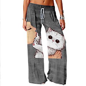 Women's Basic Soft Comfort Loose Daily Home Culottes Wide Leg Chinos Pants Cat Graphic Prints Full Length Elastic Drawstring Design Print Khaki Gray miniinthebox