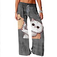 Women's Basic Soft Comfort Loose Daily Home Culottes Wide Leg Chinos Pants Cat Graphic Prints Full Length Elastic Drawstring Design Print Khaki Gray miniinthebox - thumbnail