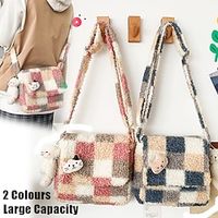 Women's Crossbody Bag Shoulder Bag Plush Bag Fluffy Bag Faux Fur Christmas Daily Holiday Zipper Large Capacity Lightweight Plaid Pink bear pendant for free Blue gift bear pendant miniinthebox - thumbnail
