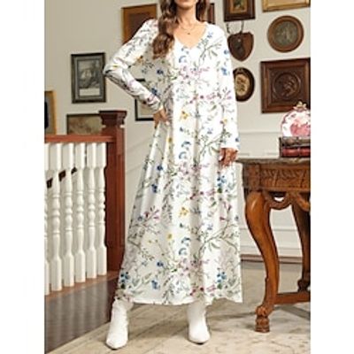 Women's Casual Dress T Shirt Dress Tee Dress Floral Print V Neck Long Dress Maxi Dress Streetwear Maxi Street Date Long Sleeve Regular Fit Blue Purple Green Spring S M L XL 2XL Lightinthebox