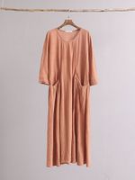 Vintage Solid Pocket 3/4 Sleeve Loose Cotton Maxi Dress