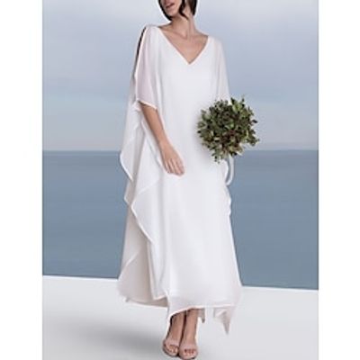 Beach Little White Dresses Wedding Dresses A-Line V Neck Half Sleeve Tea Length Chiffon Bridal Gowns With Solid Color 2023 Lightinthebox