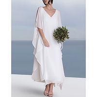 Beach Little White Dresses Wedding Dresses A-Line V Neck Half Sleeve Tea Length Chiffon Bridal Gowns With Solid Color 2023 Lightinthebox - thumbnail