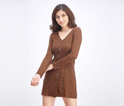 Womens Checkered Print Dress  Black/Orange
