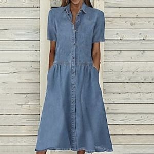 Women's Casual Dress Denim Shirt Dress Maxi long Dress Denim Basic Modern Outdoor Daily Vacation Shirt Collar Button Pocket Short Sleeve Summer Spring Fall 2023 Regular Fit Blue Pure Color S M L XL miniinthebox