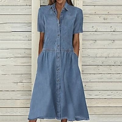 Women's Casual Dress Denim Shirt Dress Maxi long Dress Denim Basic Modern Outdoor Daily Vacation Shirt Collar Button Pocket Short Sleeve Summer Spring Fall 2023 Regular Fit Blue Pure Color S M L XL miniinthebox Women's Casual Dress Denim Shirt Dress Maxi long Dress Denim Basic Modern Outdoor Daily Vacation Shirt Collar Button Pocket Short Sleeve Summer Spring Fall 2023 Regular Fit Blue Pure Color S M L XL miniinthebox