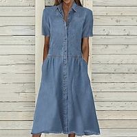 Women's Casual Dress Denim Shirt Dress Maxi long Dress Denim Basic Modern Outdoor Daily Vacation Shirt Collar Button Pocket Short Sleeve Summer Spring Fall 2023 Regular Fit Blue Pure Color S M L XL miniinthebox - thumbnail