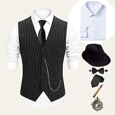 Retro Vintage Roaring 20s 1920s Outfits Shirt Waistcoat Panama Hat Gentleman Gangster Men's Cosplay Costume Halloween Party / Evening Prom Festival Vest miniinthebox