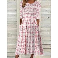 Women's Casual Dress A Line Dress Summer Dress Floral Print Ruched Pocket Crew Neck Midi Dress Fashion Modern Outdoor Daily Half Sleeve Loose Fit Pink Summer Spring S M L XL XXL Lightinthebox - thumbnail