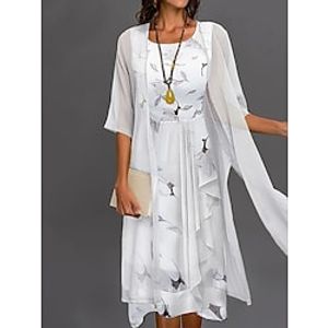 Women's Two Piece Dress Set Dress Set Two Piece Dress Outdoor Daily Fashion Elegant Ruffle Print Midi Dress Crew Neck Half Sleeve Leaf Regular Fit White Summer Spring S M L XL XXL Lightinthebox