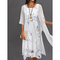 Women's Two Piece Dress Set Dress Set Two Piece Dress Outdoor Daily Fashion Elegant Ruffle Print Midi Dress Crew Neck Half Sleeve Leaf Regular Fit White Summer Spring S M L XL XXL Lightinthebox - thumbnail
