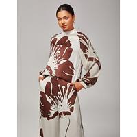 Women's Satin Shirt Abstract Floral Print Stand Collar Raglan Puff Sleeves Regular Fit All - Season Wear