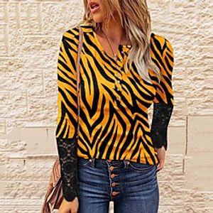 Women's Geometric Painting T shirt Graphic Zebra Lace Patchwork Button Round Neck Basic Tops White Black Yellow  3D Print Lightinthebox