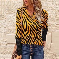 Women's Geometric Painting T shirt Graphic Zebra Lace Patchwork Button Round Neck Basic Tops White Black Yellow  3D Print Lightinthebox - thumbnail