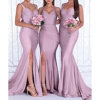 V Neck Mermaid Bridesmaid Dresses for Women Wedding Ruched Bodycon Prom Dress Long Formal Evening Gowns with Slit Lightinthebox - thumbnail