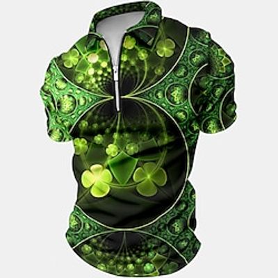Men's Polo Shirt Golf Shirt St.Patrick's Day Holiday Lapel Quarter Zip Short Sleeve Fashion Comfortable Four Leaf Clover Quarter Zip Summer Regular Fit Green Polo Shirt Lightinthebox