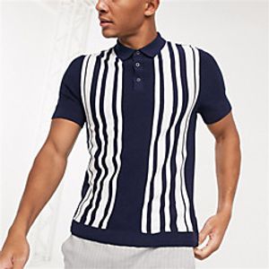 Men's Golf Shirt Striped Button-Down Print Short Sleeve Street Tops Sportswear Casual Fashion Comfortable Navy Blue Lightinthebox