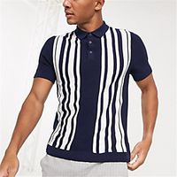 Men's Golf Shirt Striped Button-Down Print Short Sleeve Street Tops Sportswear Casual Fashion Comfortable Navy Blue Lightinthebox - thumbnail
