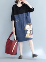 Casual Cartoon Print Patchwork Side Split 3/4 Sleeve Dress