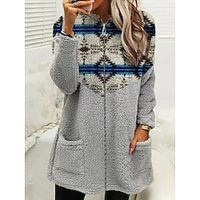 Women's Zip Hoodie Sweatshirt Fleece Jacket Fleece Tribal Teddy Ethnic Fuzzy Pocket Print Black Pink Blue Loose Fit Casual Sports V Neck Long Sleeve Top Micro-elastic Fall  Winter Lightinthebox - thumbnail