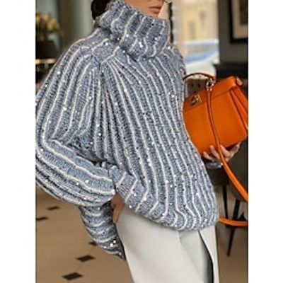 Women's Pullover Sweater Jumper Turtleneck Cable Knit Polyester Sequins Fall Winter Regular Outdoor Daily Going out Stylish Casual Soft Long Sleeve Solid Color Camel Light Blue XS S M Lightinthebox
