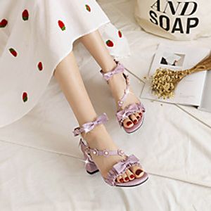 Women's Sandals Chunky Heel Open Toe PU Buckle Lace Solid Colored Light Purple Gold Light Blue Lightinthebox