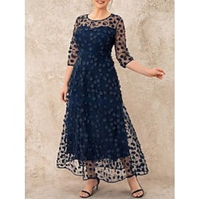 Women's Casual Dress Winter Dress Swing Dress Long Dress Maxi Dress Mesh Embroidered Daily Date Going out Fashion Modern Crew Neck 34 Length Sleeve 2023 Regular Fit Navy Blue Color S M L XL XXL Size Lightinthebox