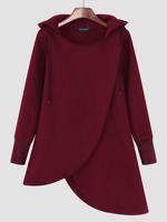 Hooded Solid Color Irregular Hem Women Hoodies