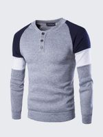 Men's Casual Contrast Color Patchwork British Style O-neck Button Long-sleeved T-shirt