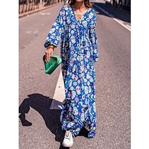 Women's Casual Dress Ethnic Dress Boho Dress Floral Skull Patchwork V Neck Long Dress Maxi Dress Streetwear Ethnic Halloween Daily Long Sleeve Loose Fit Blue Fall S M L XL Lightinthebox