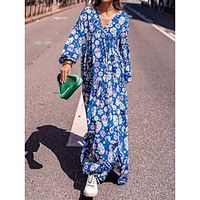 Women's Casual Dress Ethnic Dress Boho Dress Floral Skull Patchwork V Neck Long Dress Maxi Dress Streetwear Ethnic Halloween Daily Long Sleeve Loose Fit Blue Fall S M L XL Lightinthebox - thumbnail