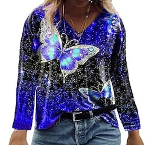 Women's T shirt Tee Black Yellow Blue Butterfly Color Gradient Print Long Sleeve Daily Weekend Streetwear Casual Holiday V Neck Regular L miniinthebox