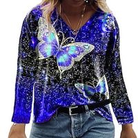 Women's T shirt Tee Black Yellow Blue Butterfly Color Gradient Print Long Sleeve Daily Weekend Streetwear Casual Holiday V Neck Regular L miniinthebox - thumbnail