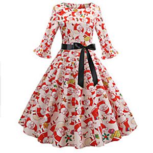 Women's A Line Dress Knee Length Dress Green Black Red 34 Length Sleeve Print Ruffle Bow Print Fall Winter Round Neck Casual Vintage Christmas 2021 S M L XL XXL Lightinthebox