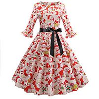 Women's A Line Dress Knee Length Dress Green Black Red 34 Length Sleeve Print Ruffle Bow Print Fall Winter Round Neck Casual Vintage Christmas 2021 S M L XL XXL Lightinthebox - thumbnail