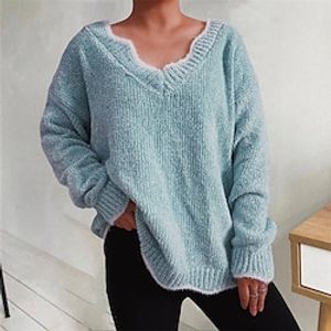 Women's Pullover Sweater Jumper Crochet Knit Knitted Pure Color V Neck Stylish Casual Daily Holiday Fall Winter Green Khaki S M L / Long Sleeve miniinthebox