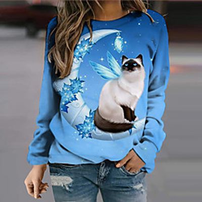Women's Sweatshirt Pullover Cat Moon 3D Print Casual Sports Holiday 3D Print Active Streetwear Hoodies Sweatshirts  Green Blue Purple miniinthebox