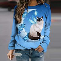 Women's Sweatshirt Pullover Cat Moon 3D Print Casual Sports Holiday 3D Print Active Streetwear Hoodies Sweatshirts  Green Blue Purple miniinthebox - thumbnail