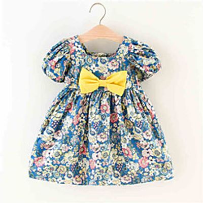 Kids Little Girls' Dress Floral Print Blue Orange Knee-length Short Sleeve Sweet Dresses Summer Loose 2-6 Years Lightinthebox