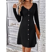 Women's Black Dress Casual Dress Plain Dress Mini Dress Button Street Date Streetwear V Neck Long Sleeve Regular Fit Black Fuchsia Light Green Color S M L XL 2XL Size Lightinthebox - thumbnail