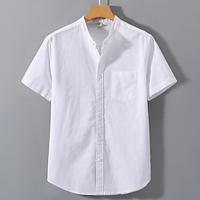 Men's Shirt Cotton Linen Shirt White Cotton Shirt Casual Shirt White Green Short Sleeve Plain Band Collar Summer Street Hawaiian Clothing Apparel Pocket Lightinthebox