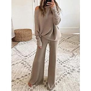 Women's Shirt Pants Sets Basic Blue Brown Casual Daily Solid Color Crew Neck S M L XL 2XL miniinthebox
