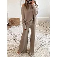 Women's Shirt Pants Sets Basic Blue Brown Casual Daily Solid Color Crew Neck S M L XL 2XL miniinthebox - thumbnail