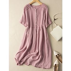 Women's Casual Dress Cotton Linen Dress Midi Dress Linen  Cotton Blend Fashion Classic Style Outdoor Daily Holiday Crew Neck Button Short Sleeve Fall Winter Autumn 2023 Loose Fit Pink Wine Green Lightinthebox