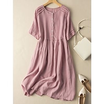 Women's Casual Dress Cotton Linen Dress Midi Dress Linen  Cotton Blend Fashion Classic Style Outdoor Daily Holiday Crew Neck Button Short Sleeve Fall Winter Autumn 2023 Loose Fit Pink Wine Green Lightinthebox