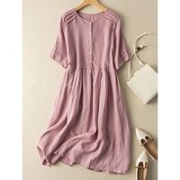 Women's Casual Dress Cotton Linen Dress Midi Dress Linen  Cotton Blend Fashion Classic Style Outdoor Daily Holiday Crew Neck Button Short Sleeve Fall Winter Autumn 2023 Loose Fit Pink Wine Green Lightinthebox - thumbnail