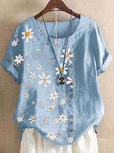 Casual Cotton And Daisy Printed Short-Sleeved Blouse