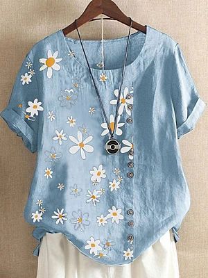 Casual Cotton And Daisy Printed Short-Sleeved Blouse