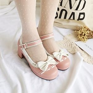 Women's Lolita Shoes Lolita Daily Bowknot Chunky Heel Round Toe PU Leather Ankle Strap Color Block Black Rosy Pink Light Blue miniinthebox