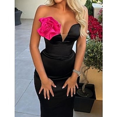 Sheath  Column Evening Gown Elegant Dress Formal Sweep  Brush Train Black Dress Sleeveless Sweetheart Satin with Ruched Shouder Flower 2023 Lightinthebox